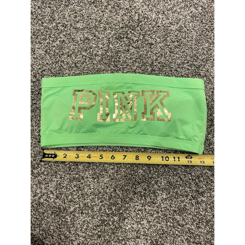 Victoria's Secret PINK Bandeau Bikini Swim Top Neon Green Gold Logo Size Large